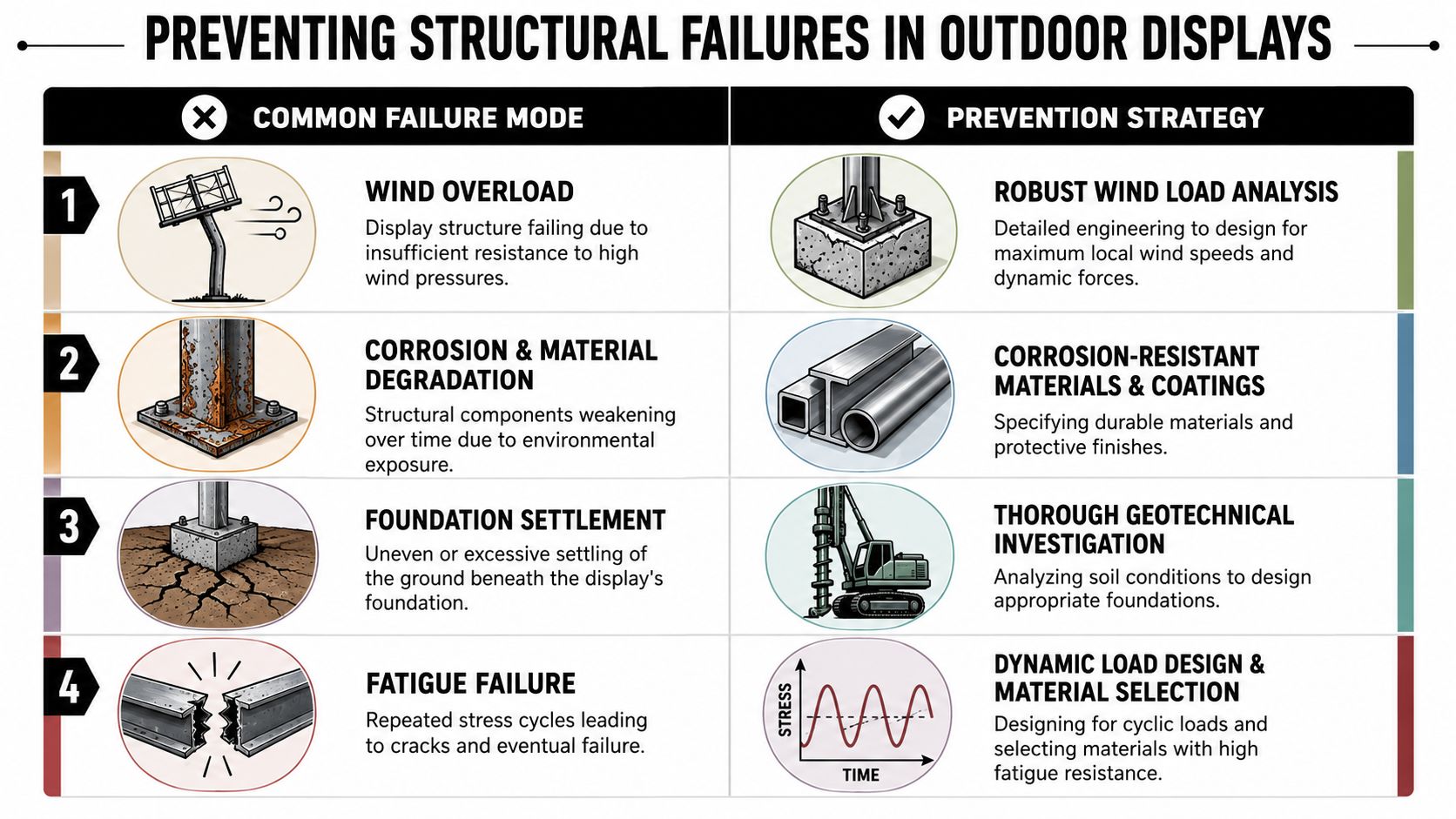 An infographic illustrating four common failure modes for outdoor structures and their corresponding preventative engineering strategies.