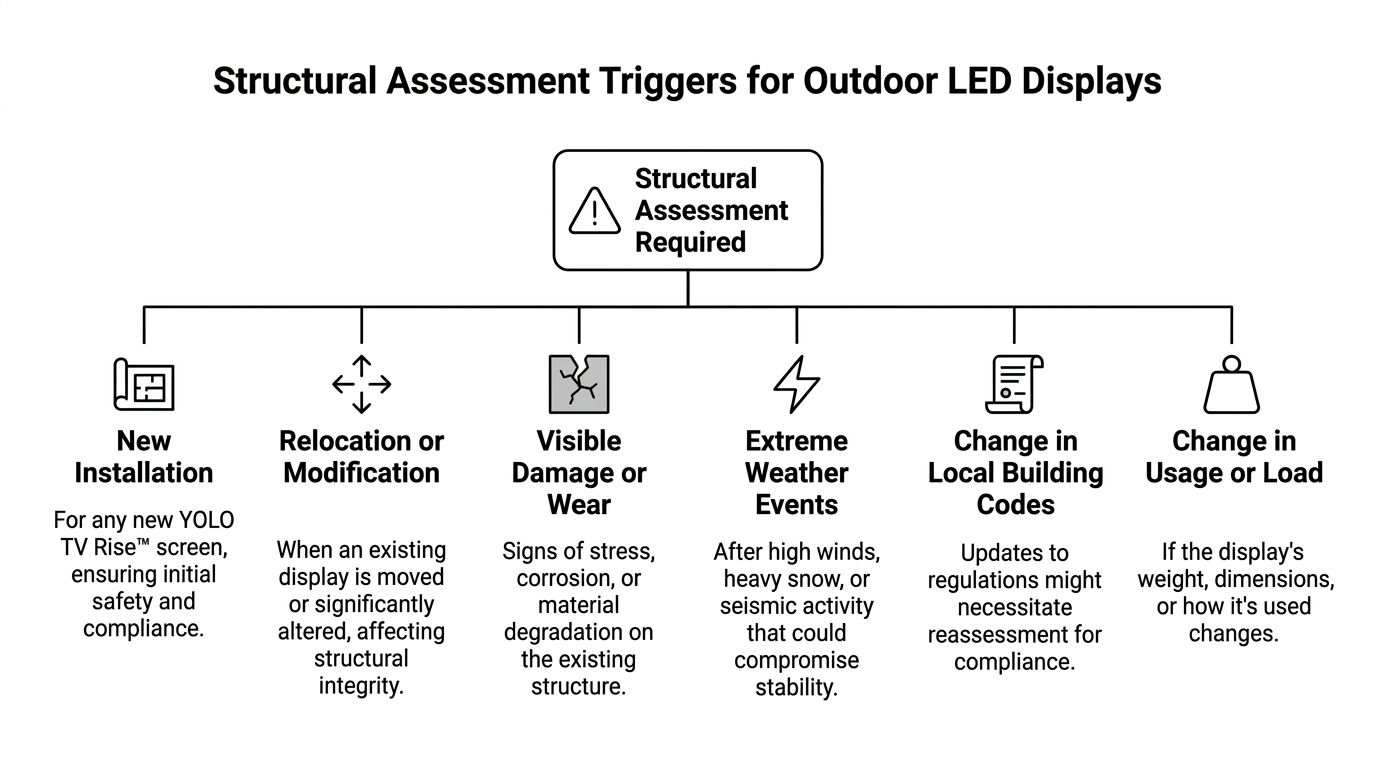 A flowchart outlining the six primary triggers for conducting a structural assessment of outdoor LED display systems.
