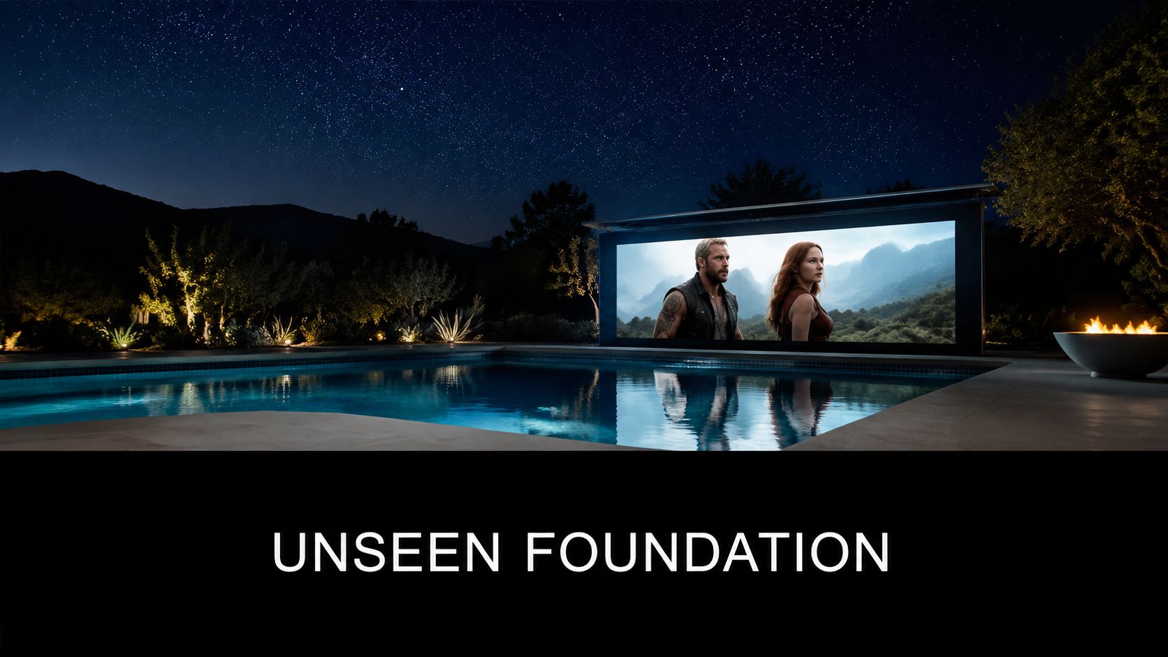 A modern outdoor home theater screen displaying a movie beside a swimming pool under a night sky.