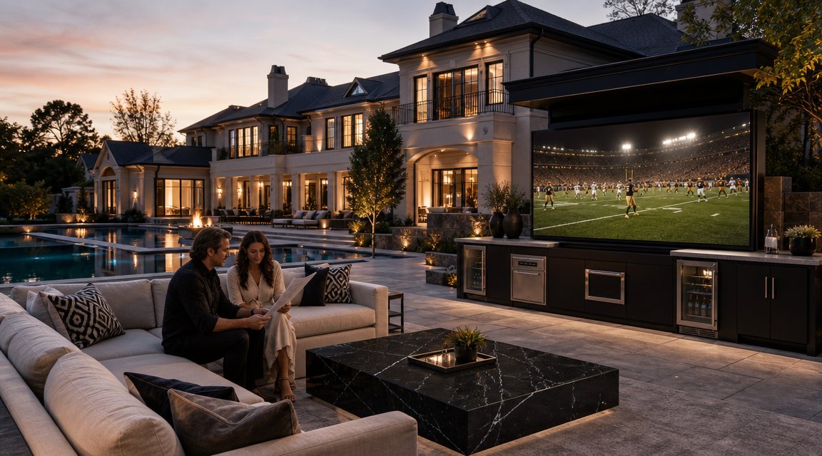 Luxury residential outdoor TV planning visual with a concealed rise television system, architect and homeowner reviewing
