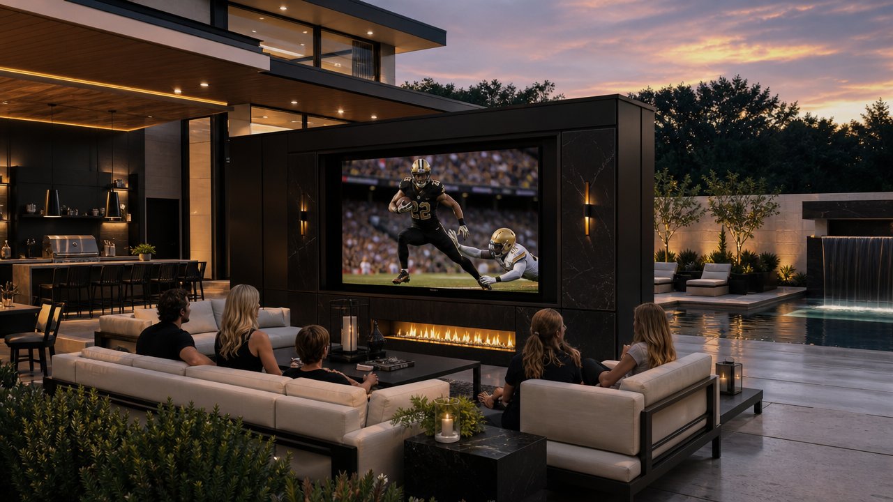 High-end Nashville style backyard installation featuring a YOLO TV Rise 158 in a luxury outdoor living area, hidden scre
