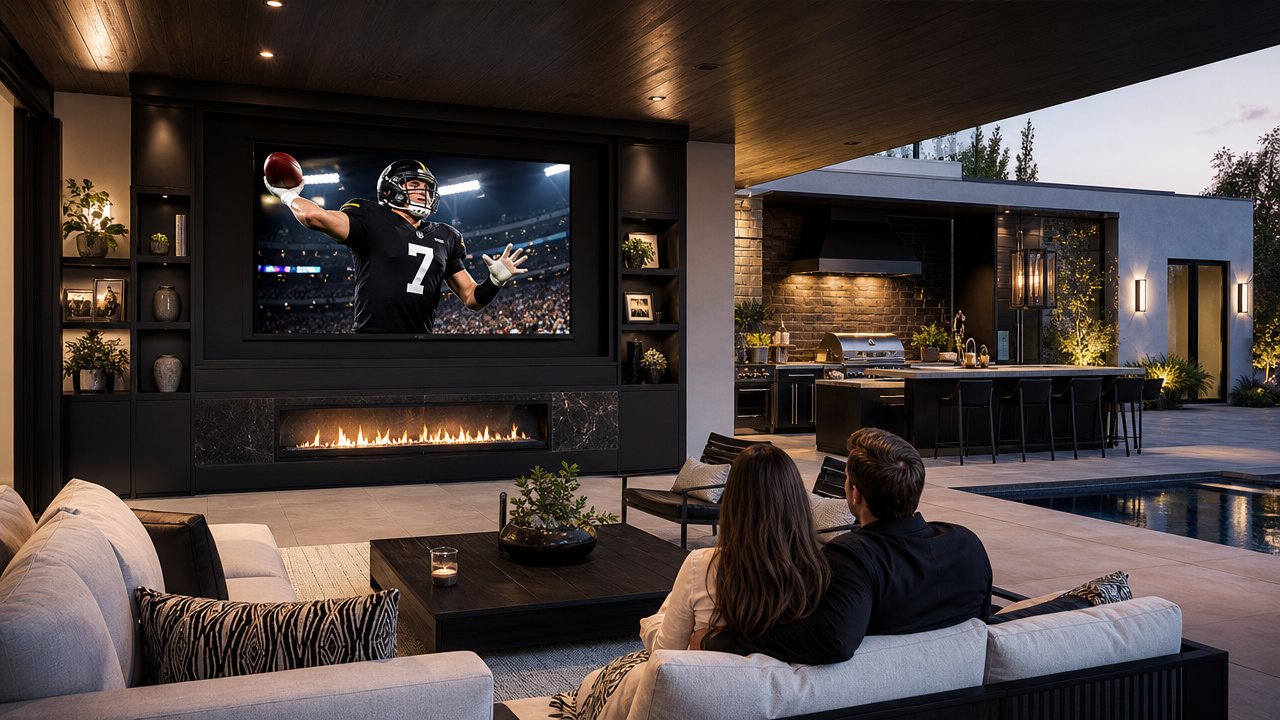 Luxury covered patio with a concealed YOLO TV Rise system integrated into custom millwork, screen raised for evening spo