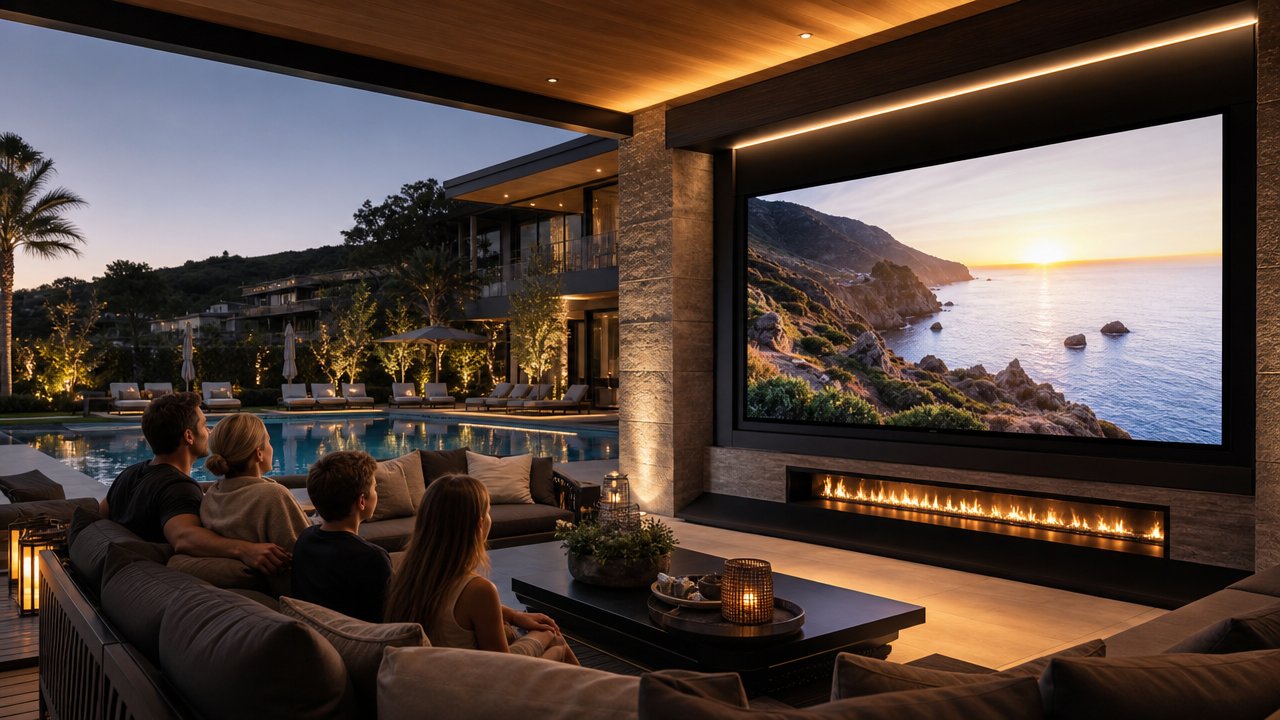 Close-up luxury outdoor large-format LED TV installation in a refined residential setting, family lounge seating facing