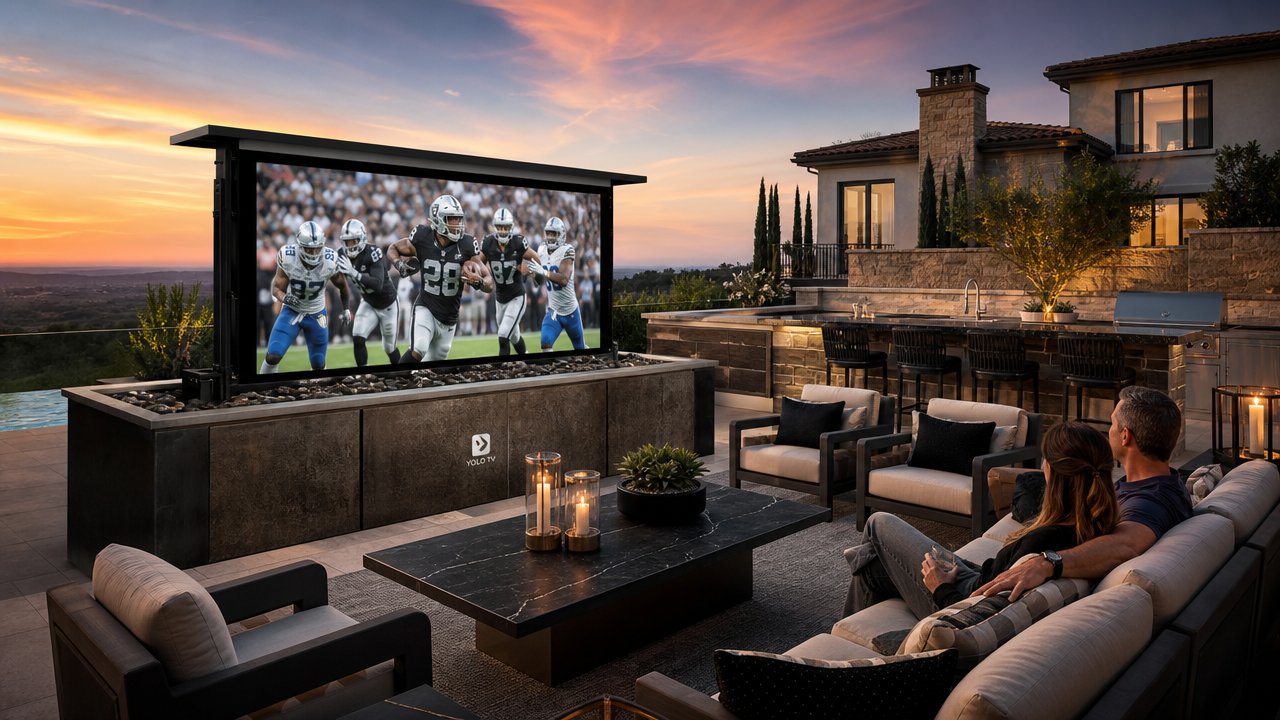 Luxury outdoor estate entertaining space with a large hidden YOLO TV Rise system emerging from a custom terrace enclosur