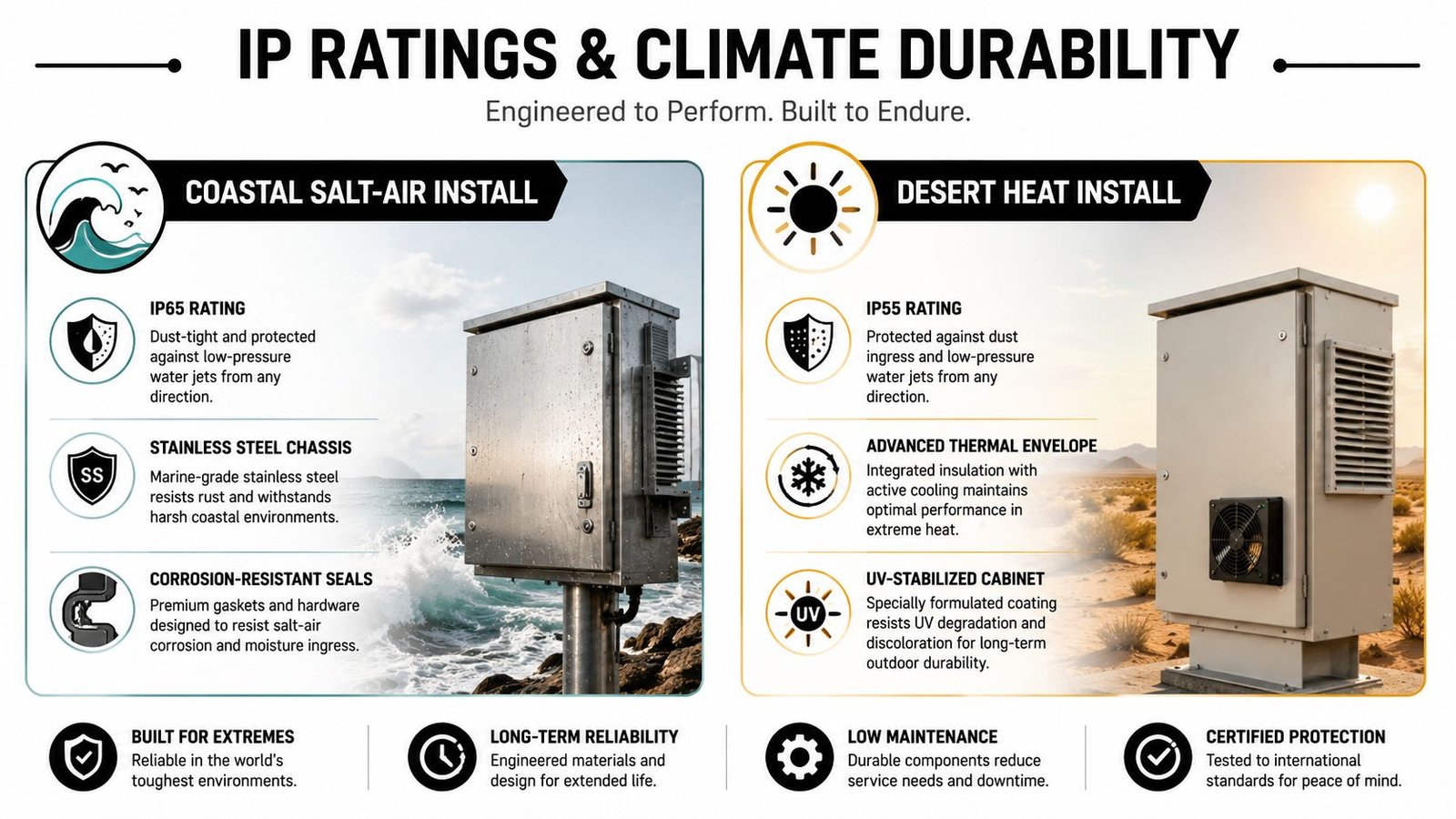 A technical infographic comparing industrial cabinets designed for coastal salt-air environments and desert heat installations.