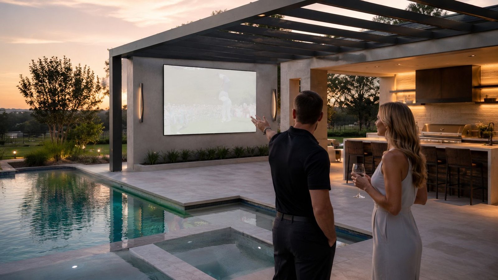 A couple standing by a luxury swimming pool outdoors watching a large screen television at sunset.