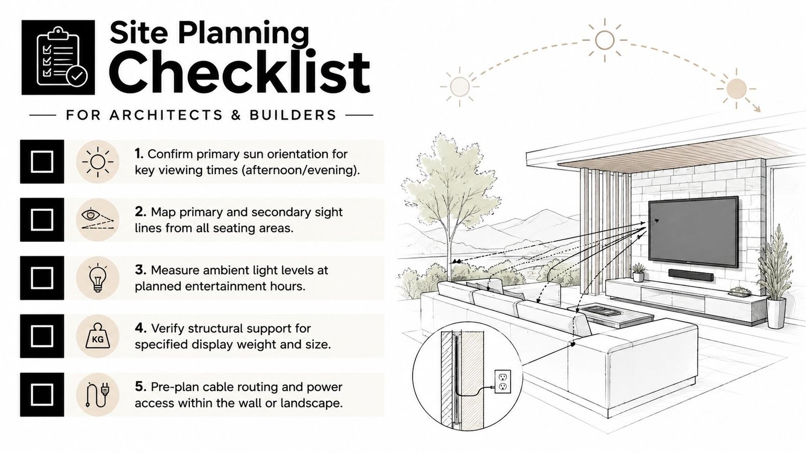 A site planning checklist for architects and builders showing considerations for installing large outdoor TVs.
