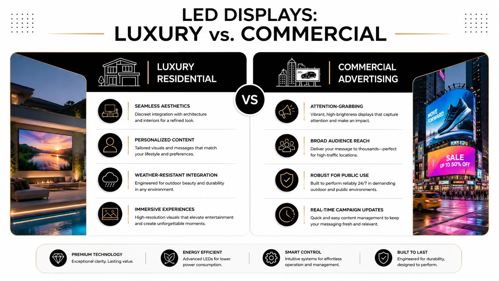 A comparison infographic between luxury residential LED displays and high-impact commercial advertising screens for public outdoor spaces.