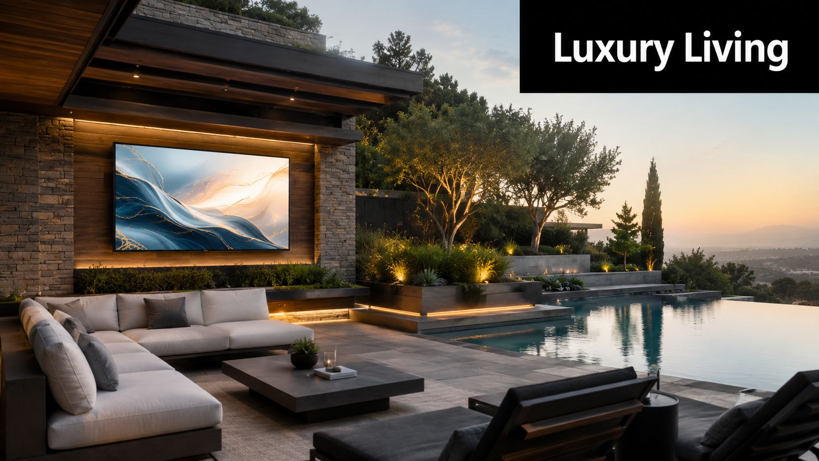 A luxurious outdoor living area with a large LED advertising screen overlooking a sunset pool landscape.