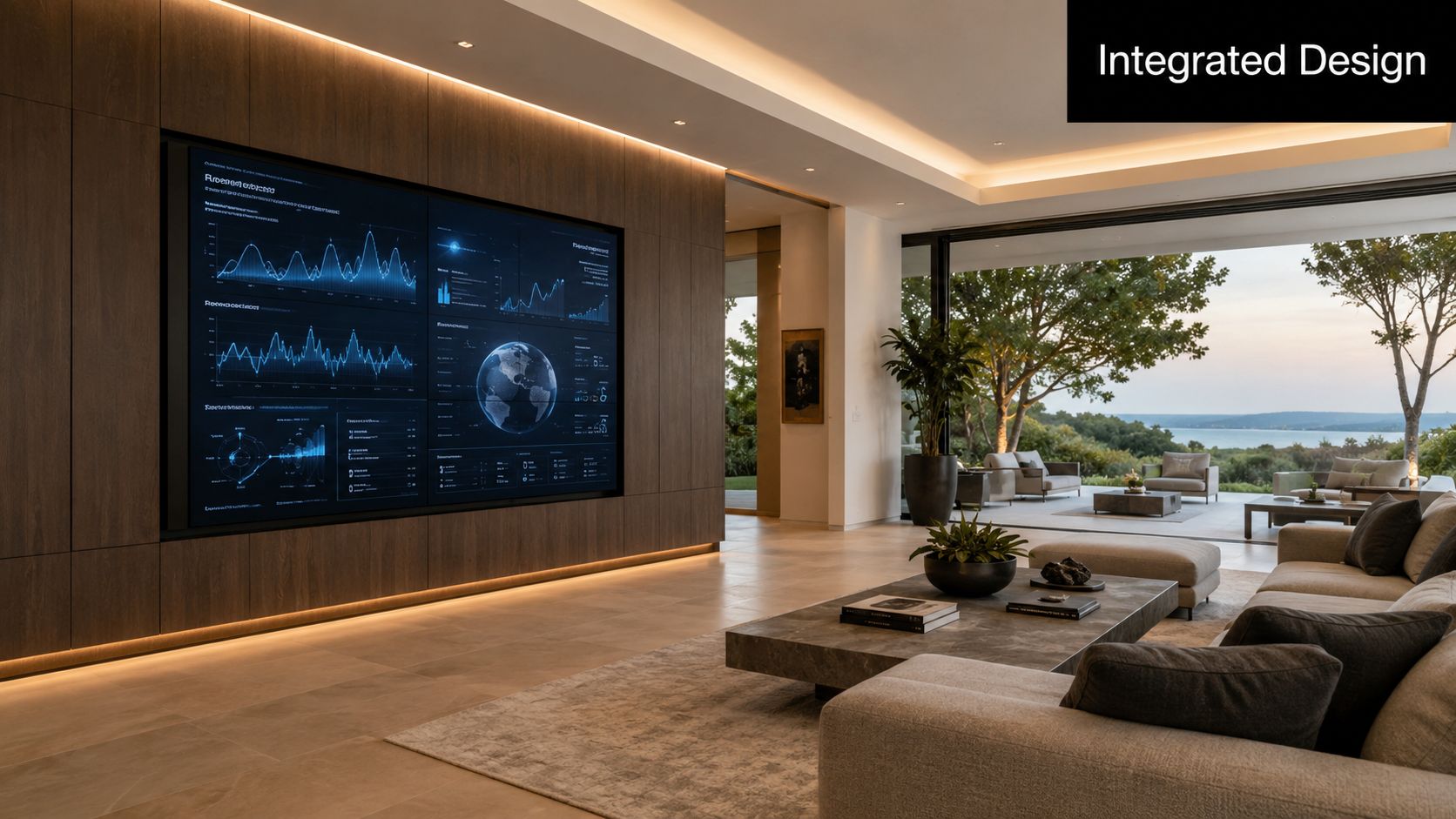 A luxurious modern living room featuring a large wall-mounted screen displaying live data analytics and graphs.