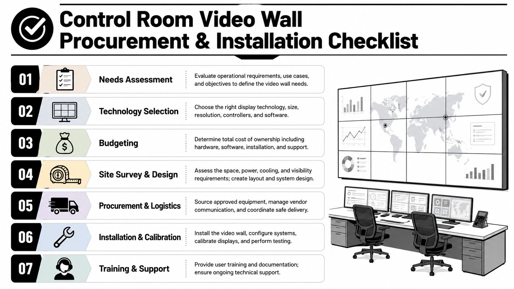A seven-step checklist infographic for the procurement and installation of a professional control room video wall system.