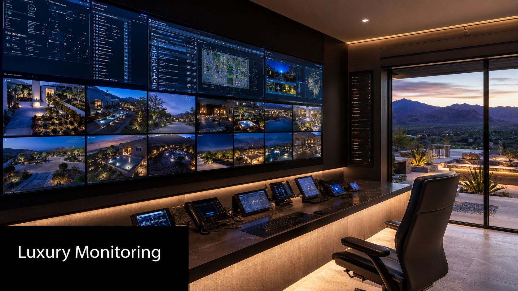 A luxurious modern control room featuring large video walls displaying security camera feeds and mountainous desert landscapes.